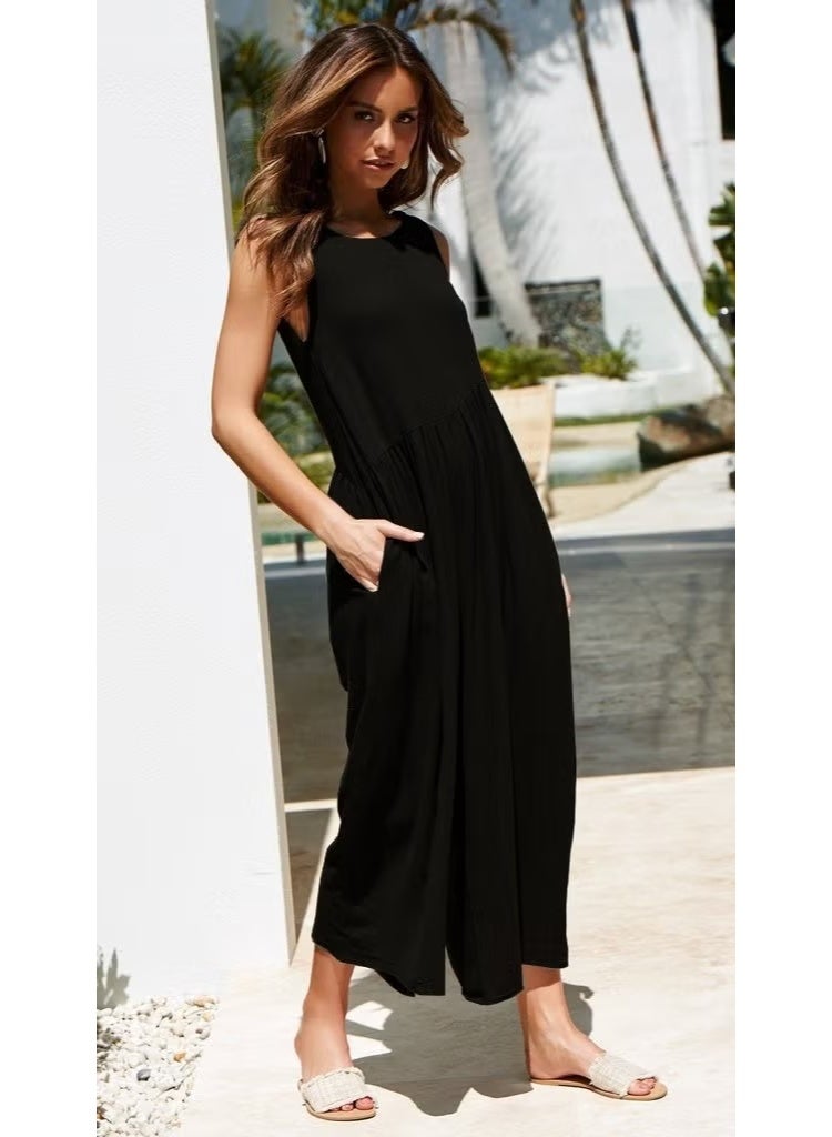 Barbora Linen Summer Casual Backless Casual Women's Jumpsuit LN212SIYAH14 - Image 3